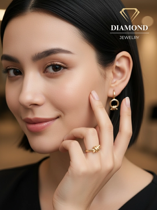 Ayollar uchun oltin uzuk va zirak to'plami, tilla 585 proba, 8.37 g, D30K model, DIAMOND
