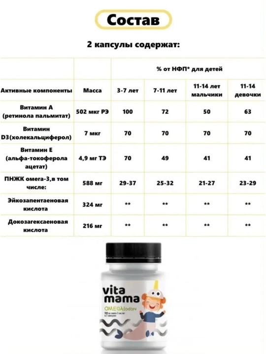 OMEGAlodon multimevali Omega-3 kompleksi – bolalar uchun Vitamama, 60 kapsula