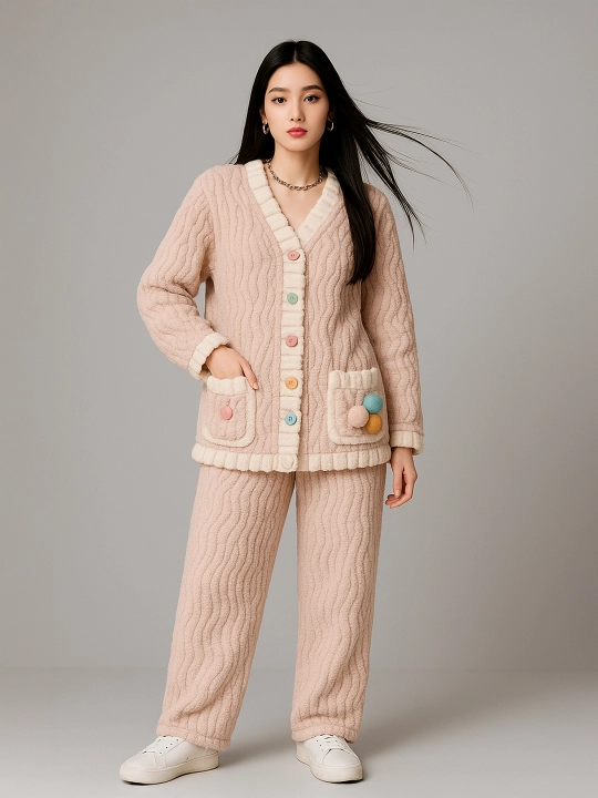 Yumshoq, qulay pijama komplekti — tugmali yoki naqshli