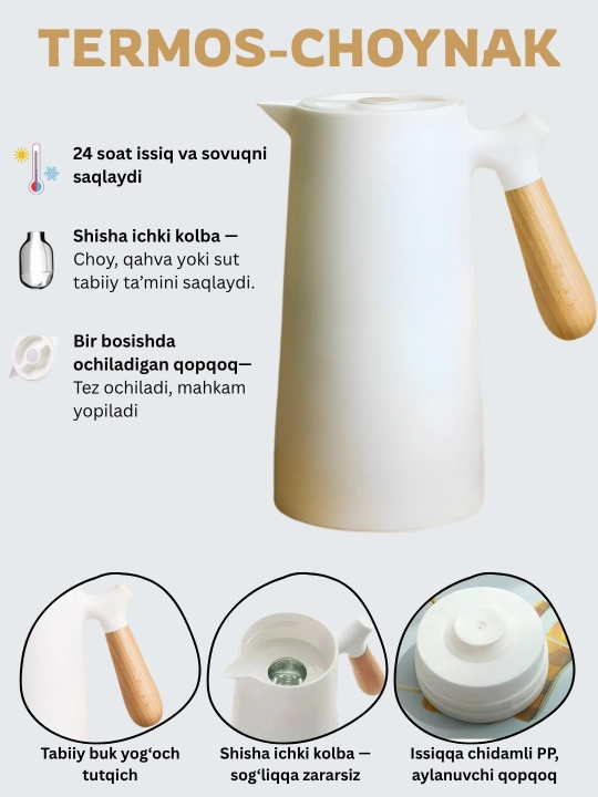 Termos choynak choy kofe va suv uchun issiq va sovuqni saqlaydi shisha kolbali, 1 litr