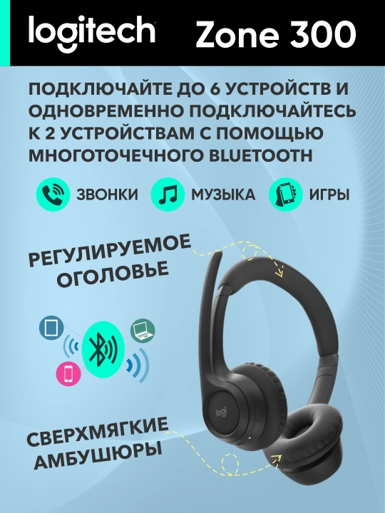 Logitech Zone 300 simsiz quloqchinlari, kompyuter, call-markaz, qo‘ng‘iroqlar, musiqa uchun