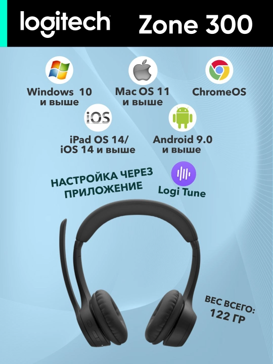 Logitech Zone 300 simsiz quloqchinlari, kompyuter, call-markaz, qo‘ng‘iroqlar, musiqa uchun