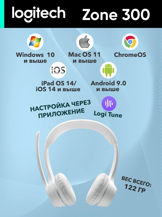 Logitech Zone 300 simsiz quloqchinlari, kompyuter, call-markaz, qo‘ng‘iroqlar, musiqa uchun