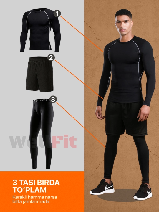 Rashgard erkaklar uchun 3 tasi 1 da, fitness uchun sport kiyimi, zal va yugirish uchun