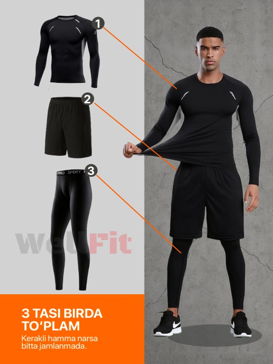 Rashgard erkaklar uchun 3 tasi 1 da, fitness uchun sport kiyimi, zal va yugirish uchun