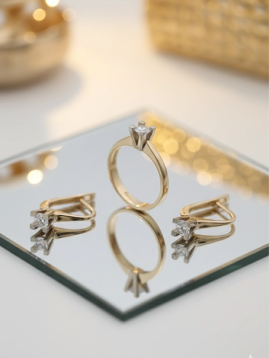 Ayollar uchun oltin uzuk va zirak to'plami, tilla 585 proba, 6.28gr, D02K model, DIAMOND