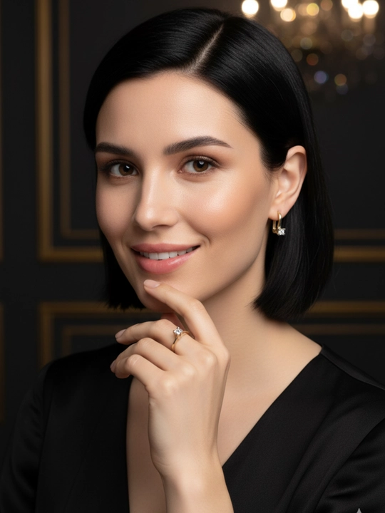 Ayollar uchun oltin uzuk va zirak to'plami, tilla 585 proba, 6.28gr, D02K model, DIAMOND