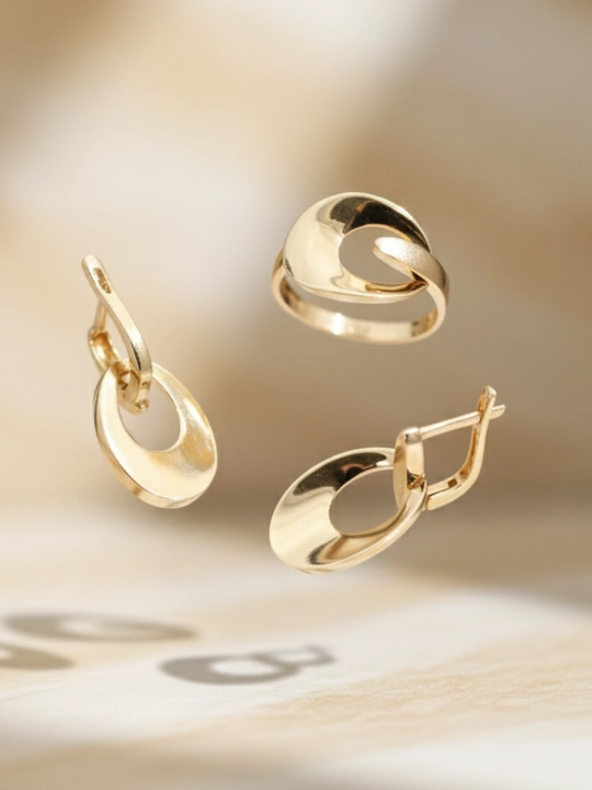 Золотое кольцо и серьги комплект, золото 585 пробы, 7.12 г, модель D03K, DIAMOND