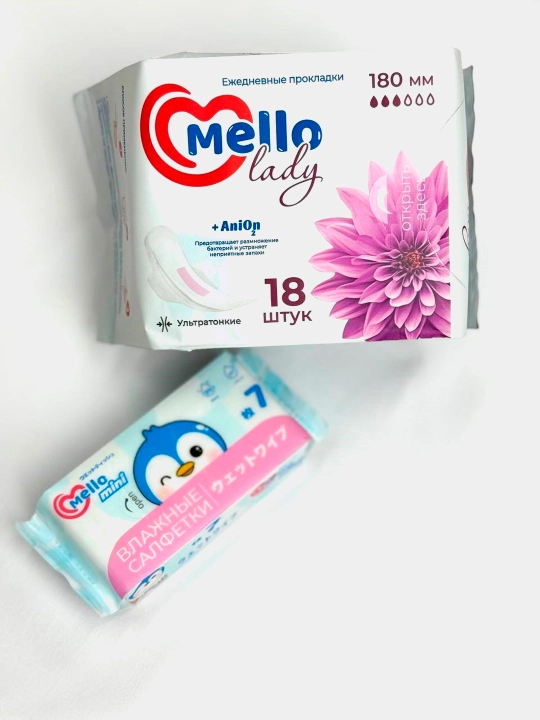 Женские гигиенические прокладки Mello lady 18, размер 180мм + влажные салфетки Mello 1шт - 