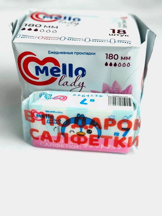 Mello lady 18 ayollar gigiyena qistirmalari. o‘lchami 180mm + Mello nam salfetkalari 1dona