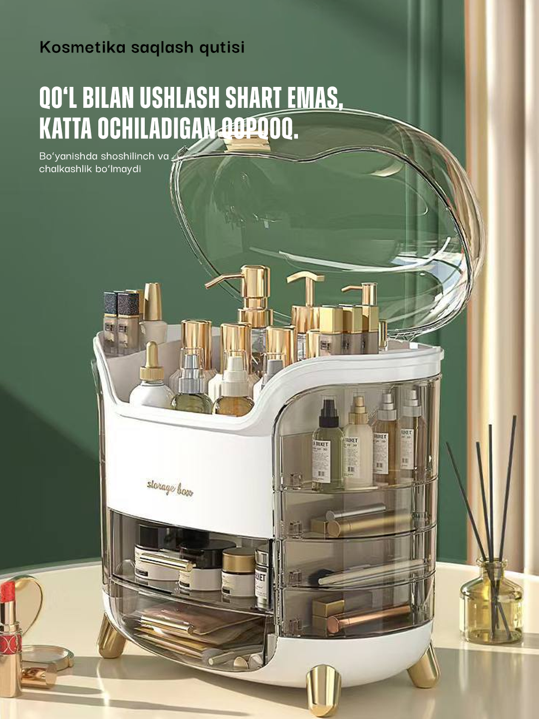 Kosmetika uchun qopqoqli va yon tortmachali organayzer - 
