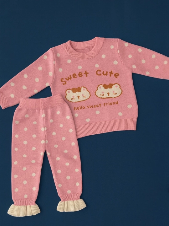 Детский вязаный комплект «Sweet Cute» — свитер и брюки, розовый в горох