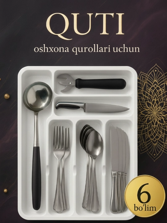 Qoshiq, vilka va pichoqlar uchun lotok, oshxona anjomlari uchun ajratgich