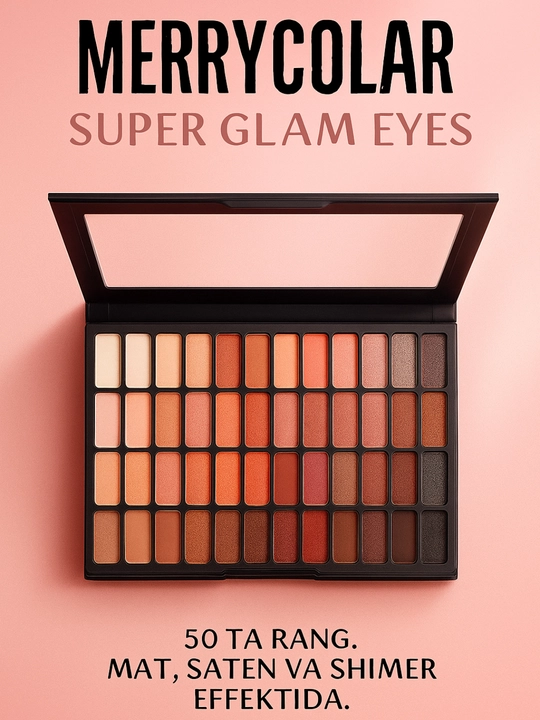 Merrycolor 50 rangli ko‘z teni — mat, saten va shimmer finsihli rang-aralash assortimenti - 
