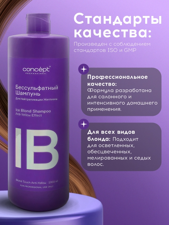 Шампунь бессульфатный для нейтрализации желтизны Concept Professional, для светлых волос