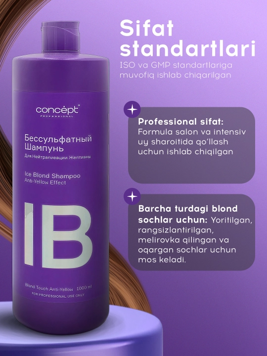 Шампунь бессульфатный для нейтрализации желтизны Concept Professional, для светлых волос