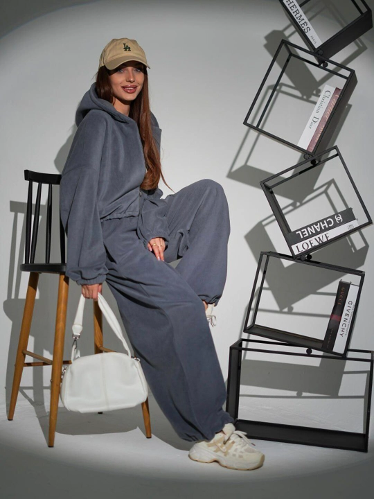 Комплект женской одежды, штаны и худи из флиса, oversize - 