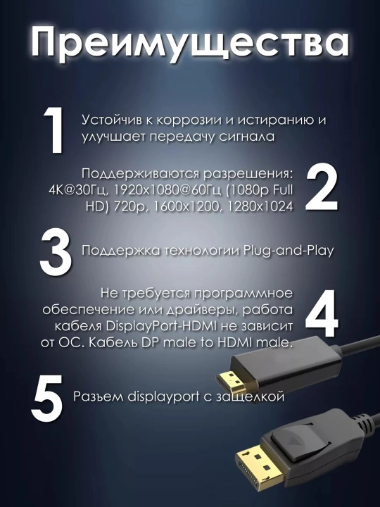 DisplayPort 1.2 → HDMI 1.4 kabel adapter 4K@30Hz, audio 7.1, 1.8 m