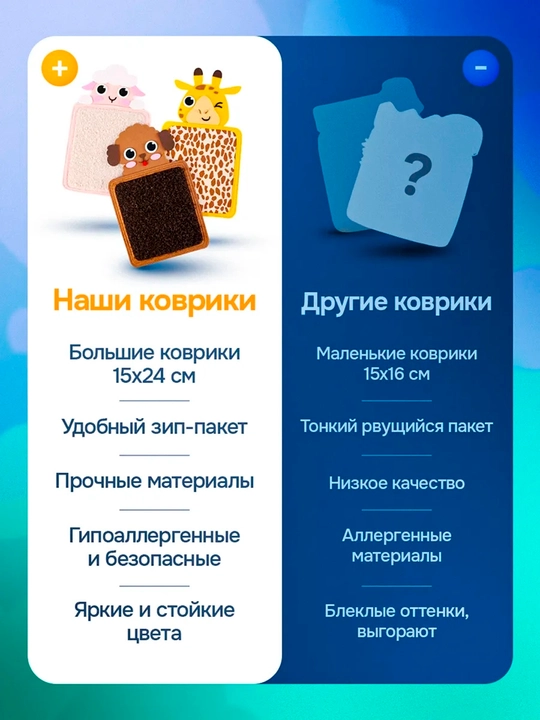 Тактильные коврики монтессори «Зверята», Сенсорный набор для младенцев 6 шт