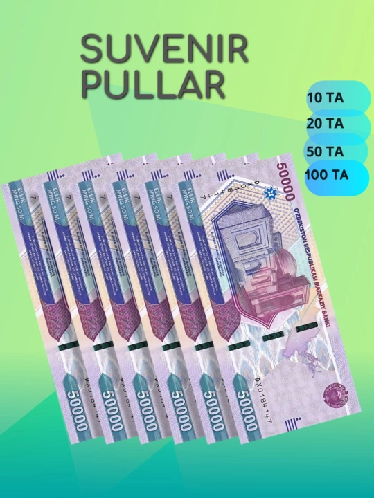 Suvenir pullar, so‘m kupyuralari, 50 ming, 100 ming, 200 ming