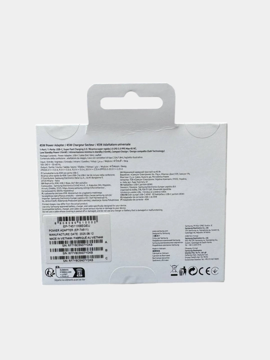 Samsung 45W ORG Type-C zaryad qurilmasi (Juda tez zaryadka 2.0, USB-C kabel 5A / 1.8m)