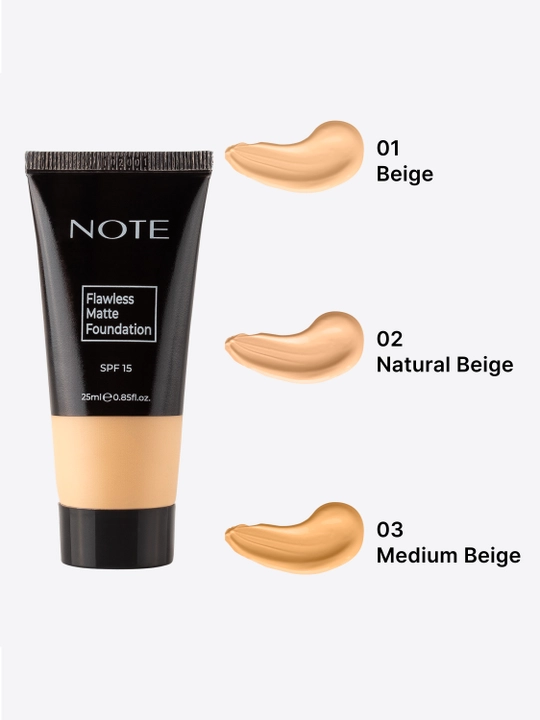Тональный крем NOTE Flawless Matte Foundation SPF15, 25 мл, 01, 02, 03 Beige, матовый