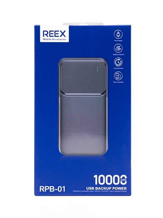 Power Bank REEX RPB-02 10000 mAh — LED ko‘rsatkichli va ikki USB chiqishli
