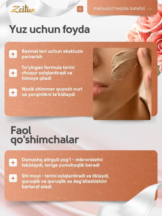 Zeitun Wedding Day yuz uchun sopol niqobi, 250 ml, Damashq atirguli va Shi moyi bilan