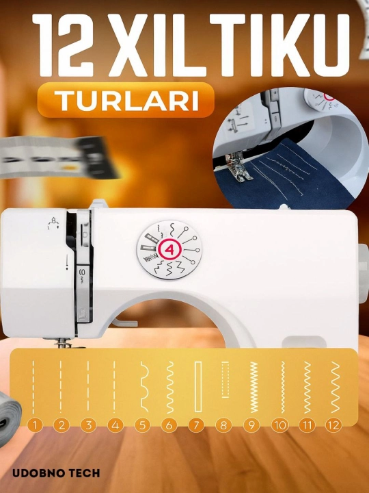 Tikuv mashinasi, portativ, 12 qaviq - overlok, yoritgich, ko‘p funksiyali