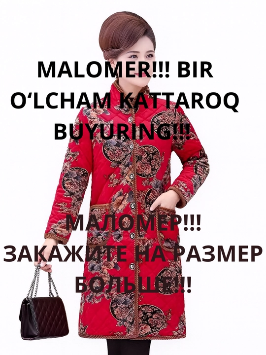 Ayollar uchun issiq qishki kurtka-palto milliy uslubda — mo‘ynali shuba-dublyonka, MALOMER