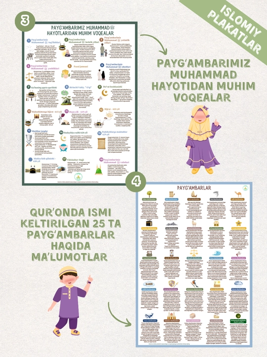 Islom plakatlari (10 dona) - 40 ta farz, Allohning ismlari, Qur’on, payg‘ambarlar