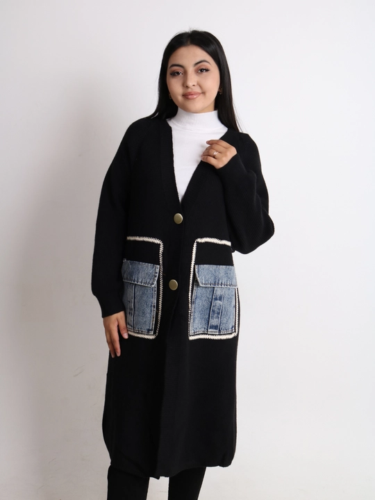 Ayollar kardigani, midi, V-o‘yiqli, katta jinsi cho‘ntakli