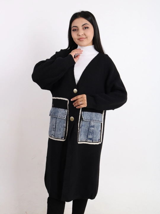 Ayollar kardigani, midi, V-o‘yiqli, katta jinsi cho‘ntakli
