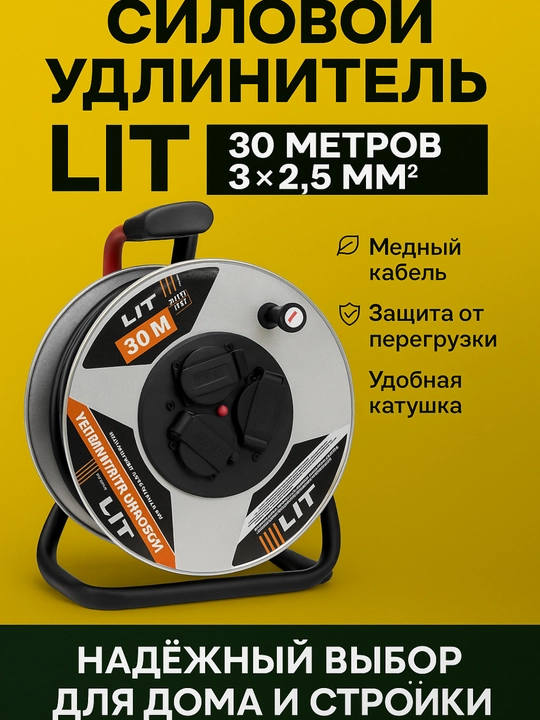 Удлинитель электрический LIT 30 метров - прочный силовой кабель, удлинитель с розеткой