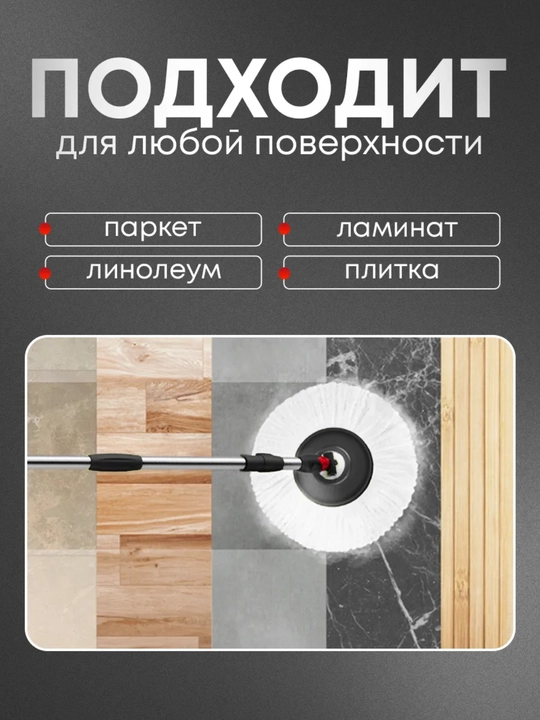 Набор вращающихся швабры 360° с ведром, микрофибра, самоотжим, пластиковый и металлический