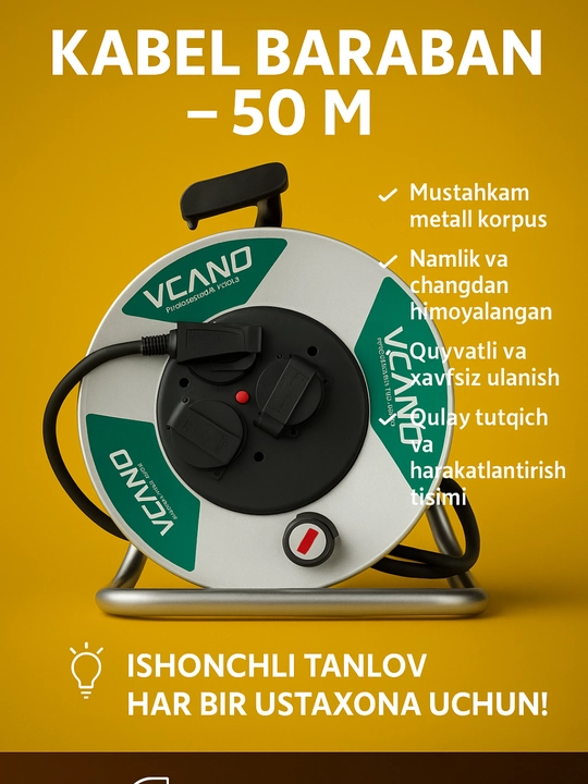 VCANO Professional Tools kabel g‘altagi 50 metr — 220V / 16A kuchlanishli - 