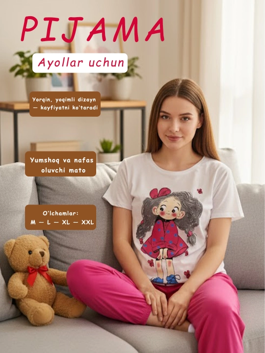 Ayollar va qizlar uchun pijama to‘plami, ko‘ylak va shim, kichik o‘lchamli
