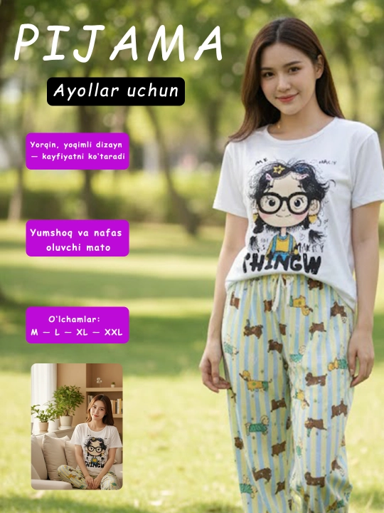 Ayollar va qizlar uchun pijama to‘plami, ko‘ylak va shim, kichik o‘lchamli