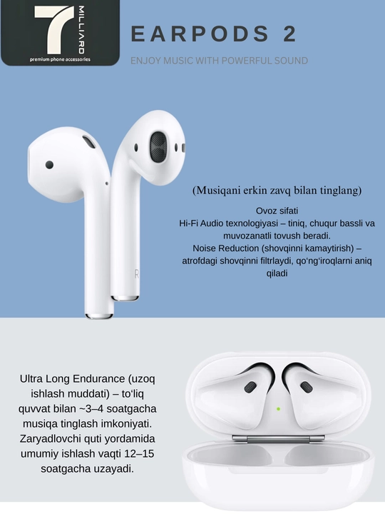 7 Millard EarPods 2 (ORG) HI-FI Music, HI-Res Audio, обнаружение уха, белые