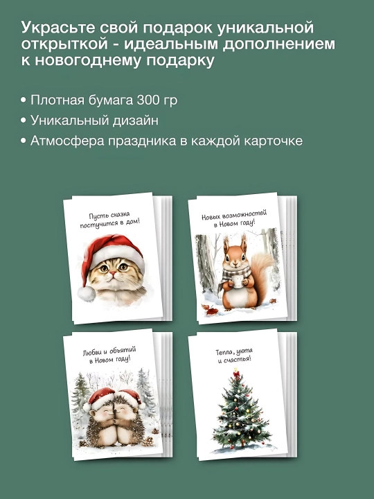 Yangi yil tabrik otkritkalari 10 dona + archa bezagi qutida, sovg‘a to‘plami
