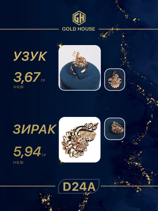 GOLD HOUSE D24A modeli tilla taqinchoqlar to‘plami — uzuk va zirak, ayollar uchun