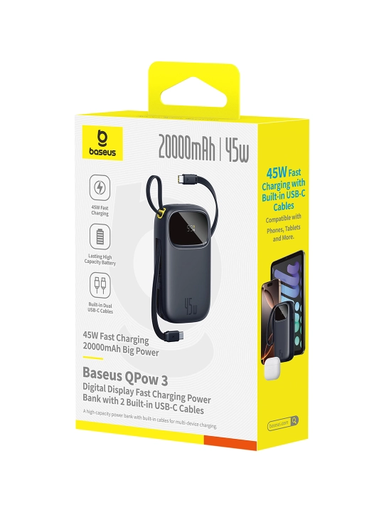 Baseus power bank QPow 3 45W EnerFill FC31, zaryadlash indikatori, o‘rnatilgan kabel bilan
