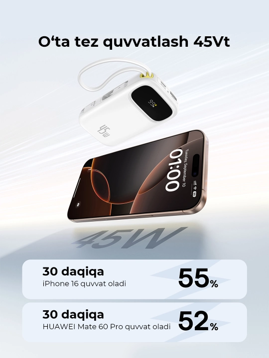 Baseus power bank QPow 3 45W EnerFill FC31, zaryadlash indikatori, o‘rnatilgan kabel bilan