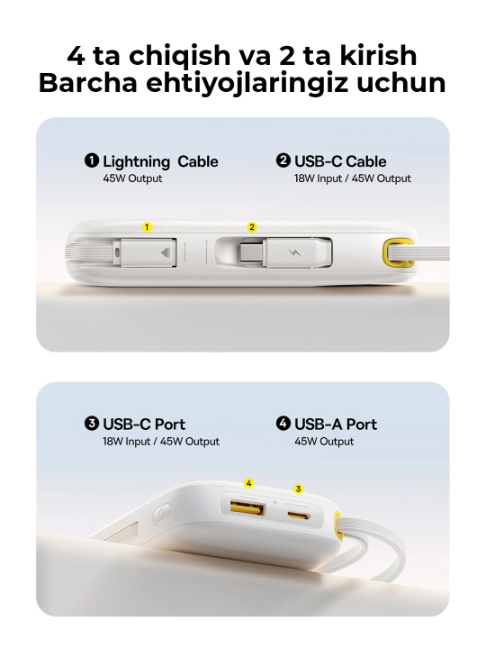 Baseus power bank QPow 3 45W EnerFill FC31, zaryadlash indikatori, o‘rnatilgan kabel bilan