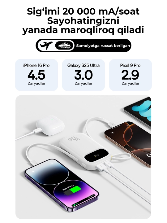 Baseus power bank QPow 3 45W EnerFill FC31, zaryadlash indikatori, o‘rnatilgan kabel bilan
