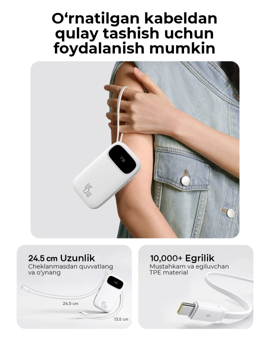 Baseus power bank QPow 3 45W EnerFill FC31, zaryadlash indikatori, o‘rnatilgan kabel bilan