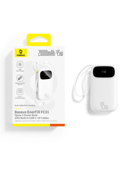 Baseus power bank QPow 3 45W EnerFill FC31, zaryadlash indikatori, o‘rnatilgan kabel bilan