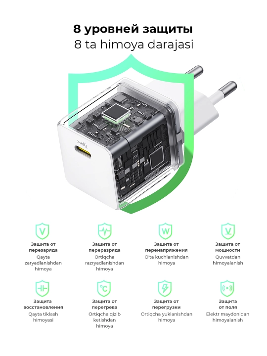 Universal zaryadlash qurilmasi Baseus Palm Fast Charger 1C, 20 Vt zaryadchik, kabel bilan