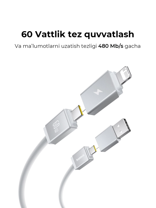 Kabel Baseus Versatile Two-for-Two 4 in 1 USB Type-C, Lightning, USB Type-A, 1 va 2 metr