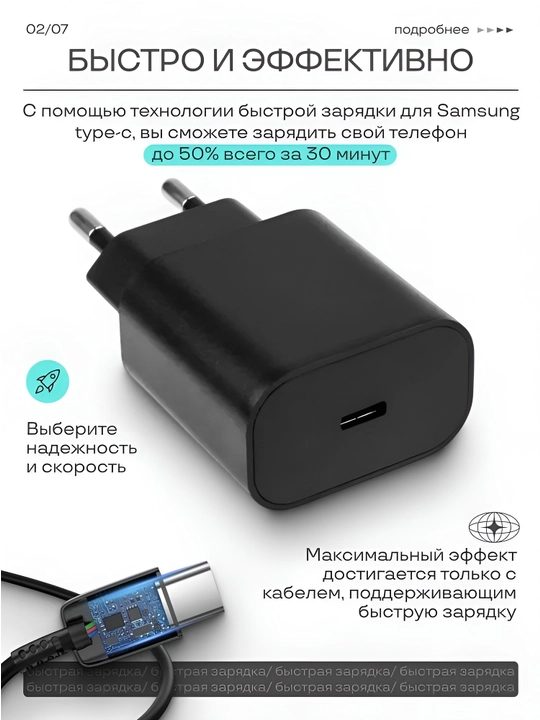 Telefon uchun tezkor zaryadka, kabel bilan, USB Type-C, 25 Vt, Samsung